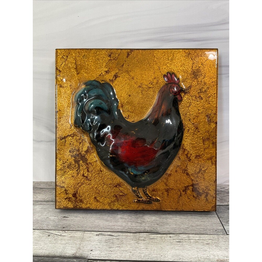 Pier 1 Imports Rooster Wall Art Chicken 10"x10" Reverse Painted Glass Farm Deco